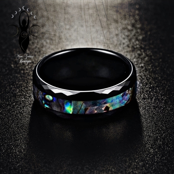 UNISEX RING | Stainless Steel Abalone Shell Channing Through Center Black Ring - Picture 5 of 10